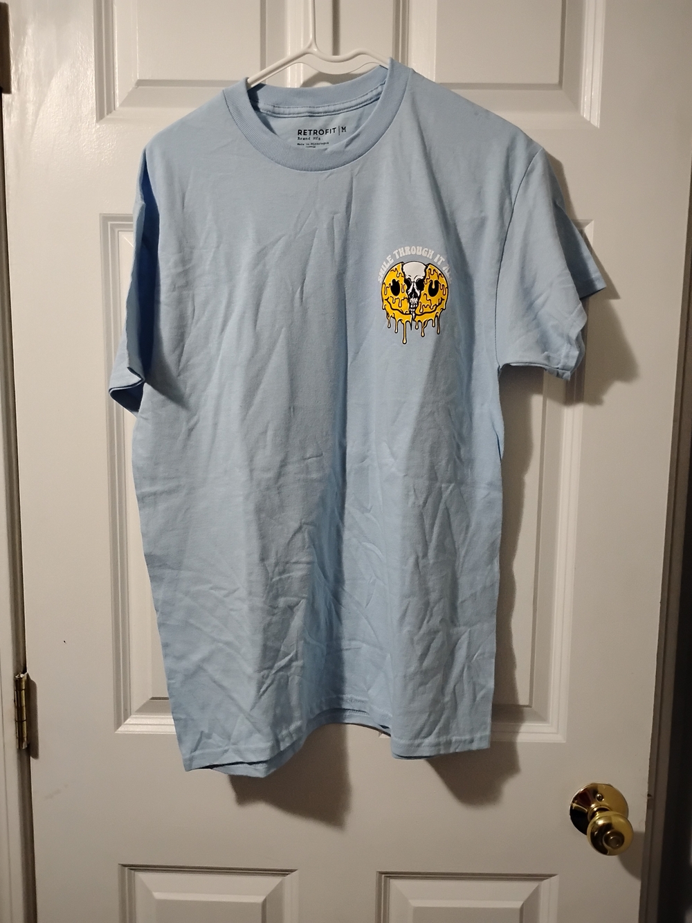 Retrofit Pale Blue Tee with Yellow Drip Smiley Graphic